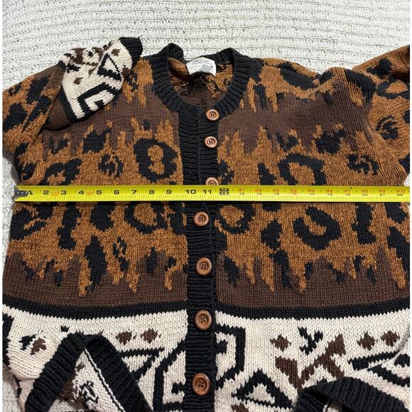 VTG Express Sweater Cardigan 1990s Hand Knit Leopard Womens Med Oversized Brown - Picture 5 of 13